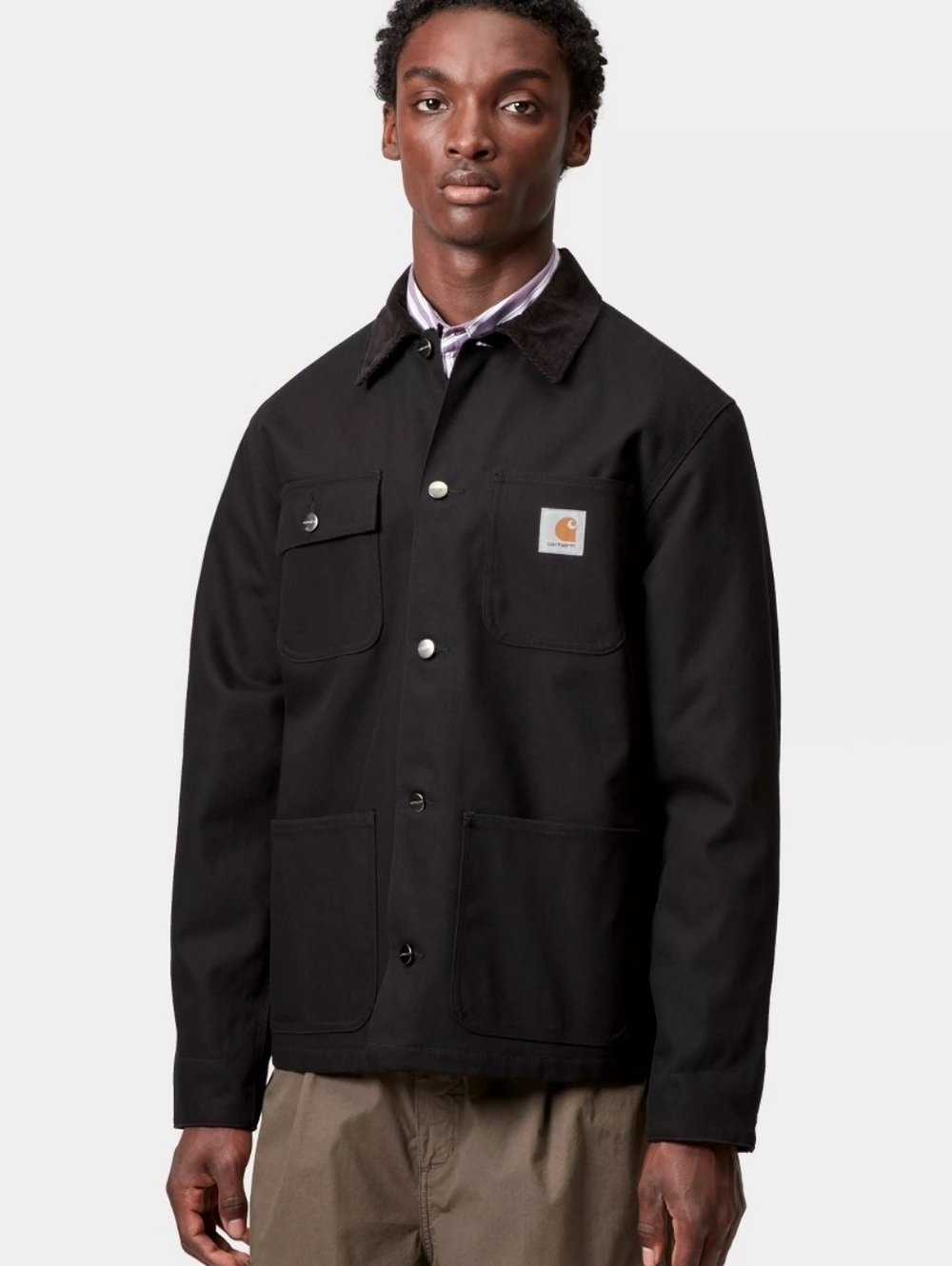 Carhartt WIP Michigan Coat Black Cotton Canvas Buttons Corduroy Collar Mens L